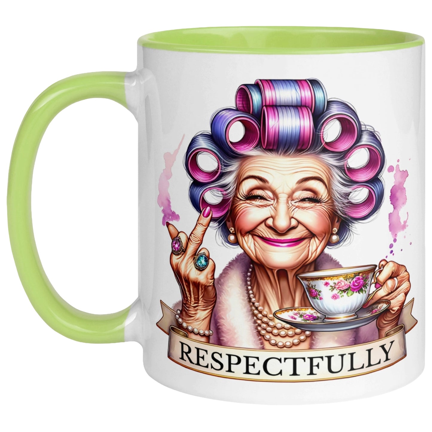 Funny sarcastic coffee mug featuring a sassy grandma with colourful hair rollers, pearls, a teacup and a cheeky middle finger on a white ceramic green colour mug.