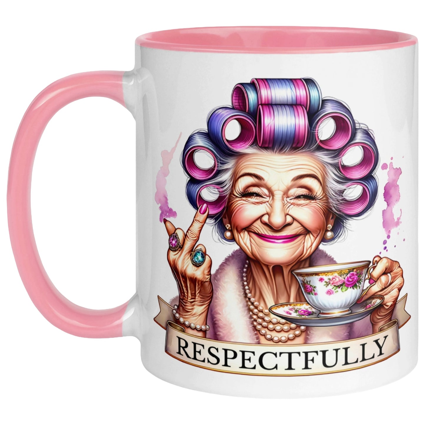Funny sarcastic coffee mug featuring a sassy grandma with colourful hair rollers, pearls, a teacup and a cheeky middle finger on a white ceramic pink colour mug.