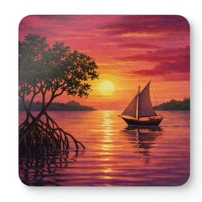 Mixed set of seaside sunset beach drink coasters featuring different coastal scenes including sailboats, tropical beaches, rolling waves, and colourful ocean sunsets with natural cork backing.