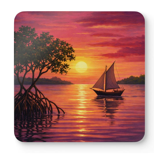 Mixed set of seaside sunset beach drink coasters featuring different coastal scenes including sailboats, tropical beaches, rolling waves, and colourful ocean sunsets with natural cork backing.