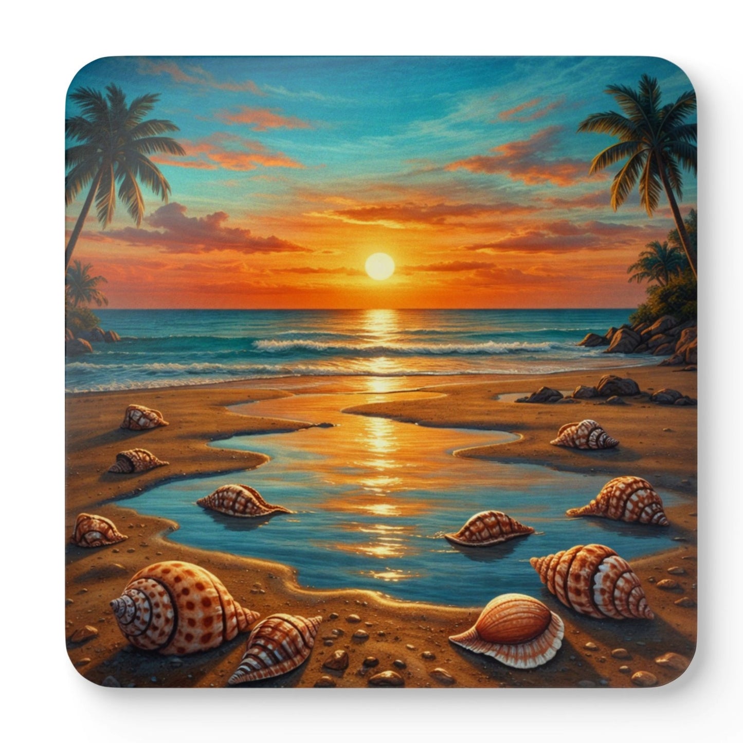 Mixed set of seaside sunset beach drink coasters featuring different coastal scenes including sailboats, tropical beaches, rolling waves, and colourful ocean sunsets with natural cork backing.