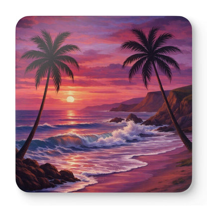 Mixed set of seaside sunset beach drink coasters featuring different coastal scenes including sailboats, tropical beaches, rolling waves, and colourful ocean sunsets with natural cork backing.