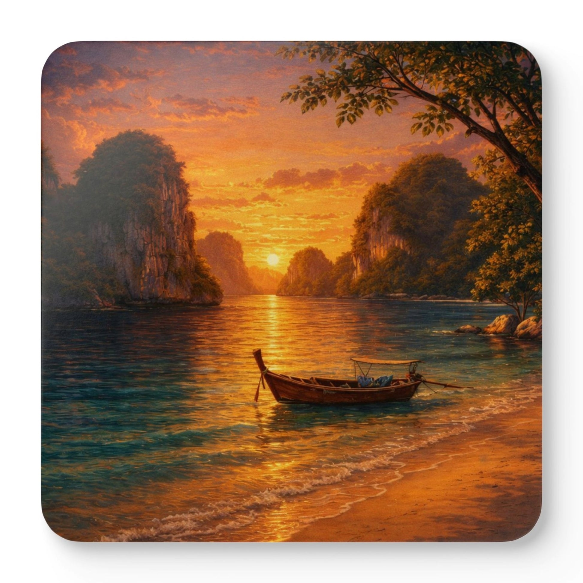 Mixed set of seaside sunset beach drink coasters featuring different coastal scenes including sailboats, tropical beaches, rolling waves, and colourful ocean sunsets with natural cork backing.