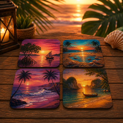 Mixed set of seaside sunset beach drink coasters featuring four different coastal sunset designs with tropical beaches, sailboats, ocean waves, and golden seaside landscapes on cork backed coasters.
