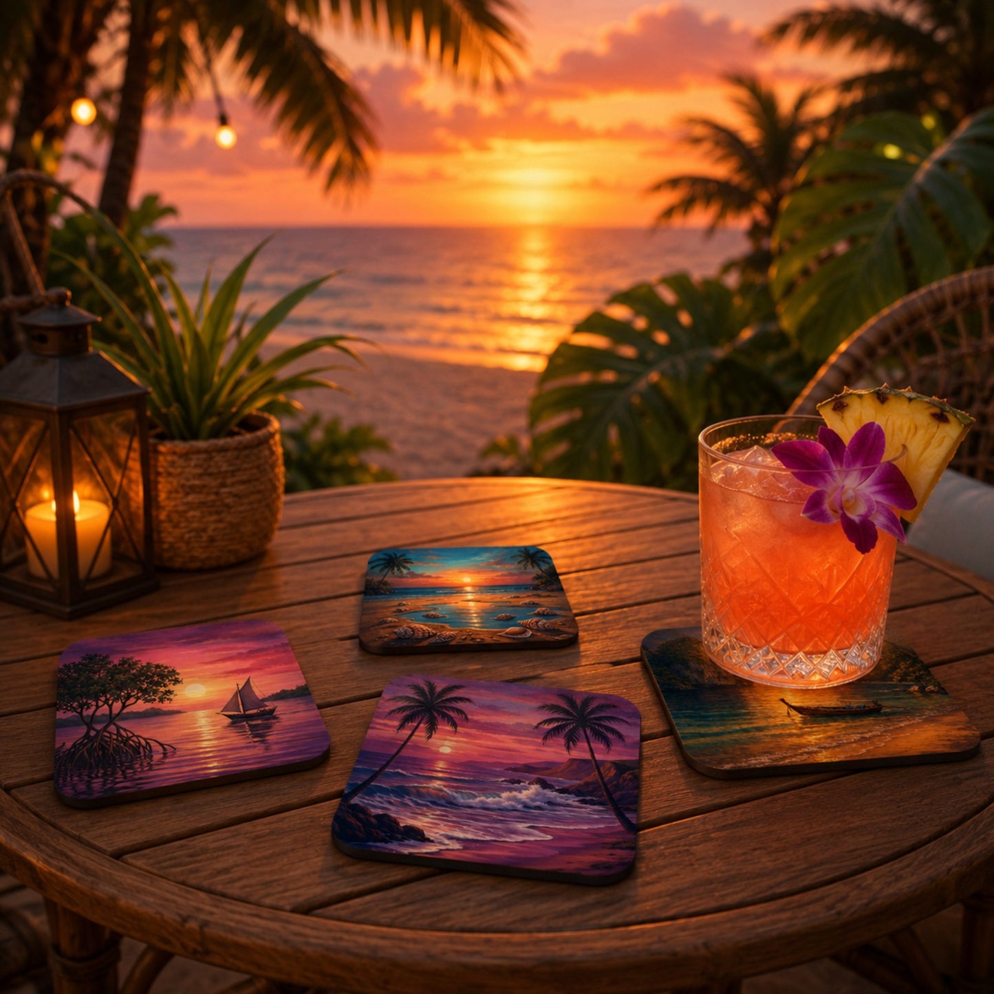 Lifestyle mockup of a mixed set of seaside sunset beach drink coasters on a wooden outdoor table overlooking a tropical beach at sunset, featuring colourful coastal artwork with a cocktail and ocean view.