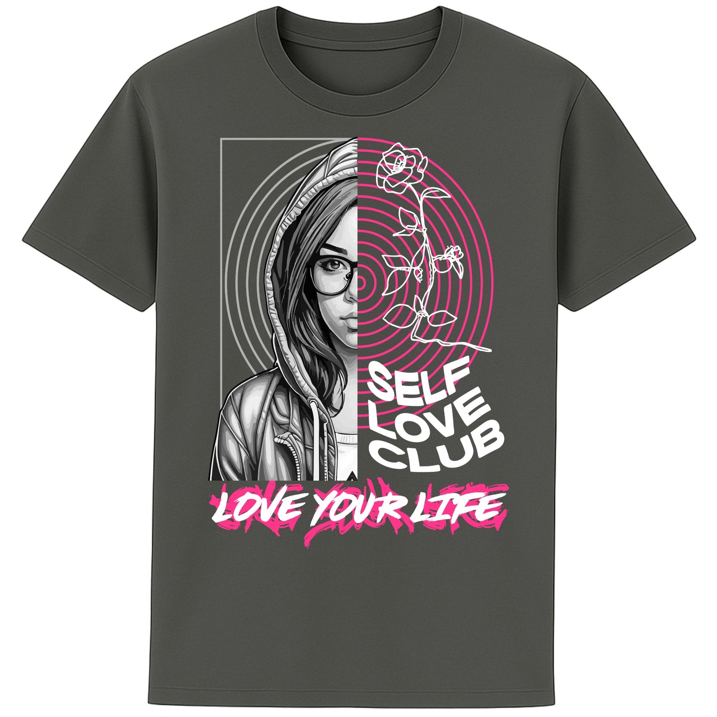 Self Love Club Love Your Life motivational graphic T-shirt featuring a modern split-face portrait, pink roses, and inspirational self love artwork on a anthracite unisex tee.