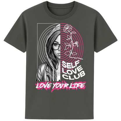 Self Love Club Love Your Life motivational graphic T-shirt featuring a modern split-face portrait, pink roses, and inspirational self love artwork on a anthracite unisex tee.
