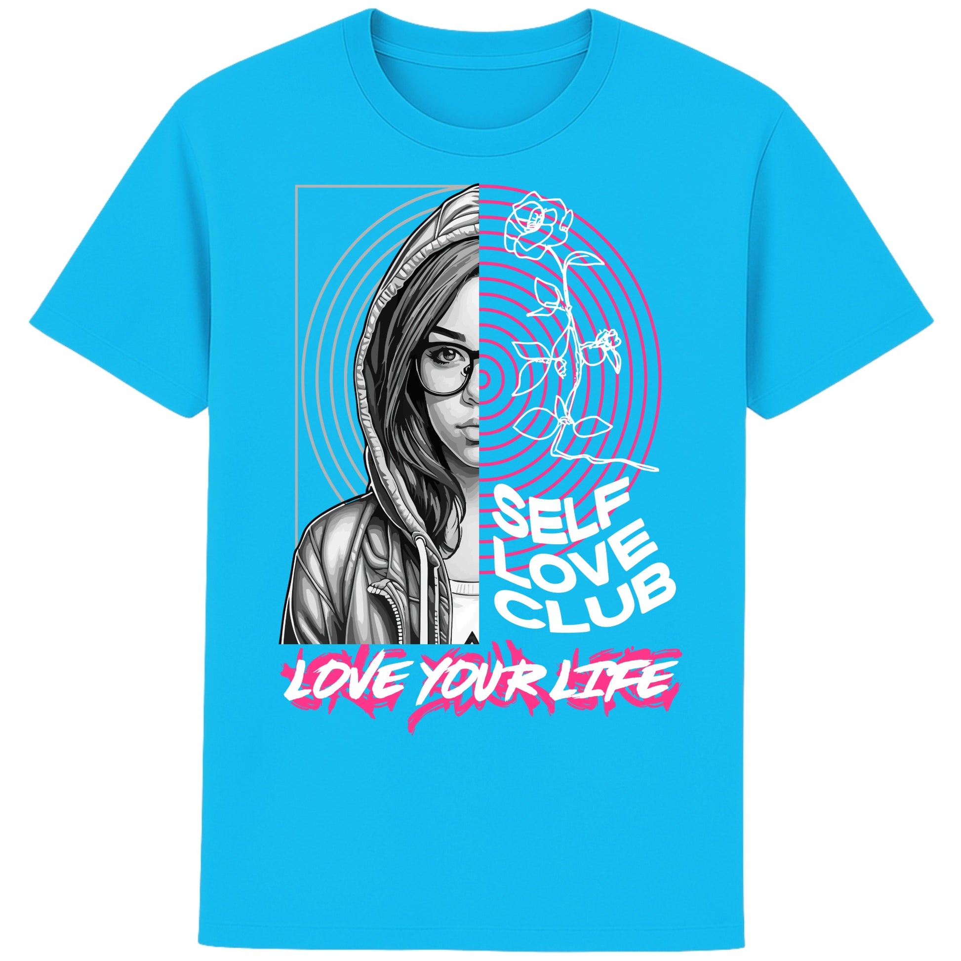 Self Love Club Love Your Life motivational graphic T-shirt featuring a modern split-face portrait, pink roses, and inspirational self love artwork on a aqua blue unisex tee.