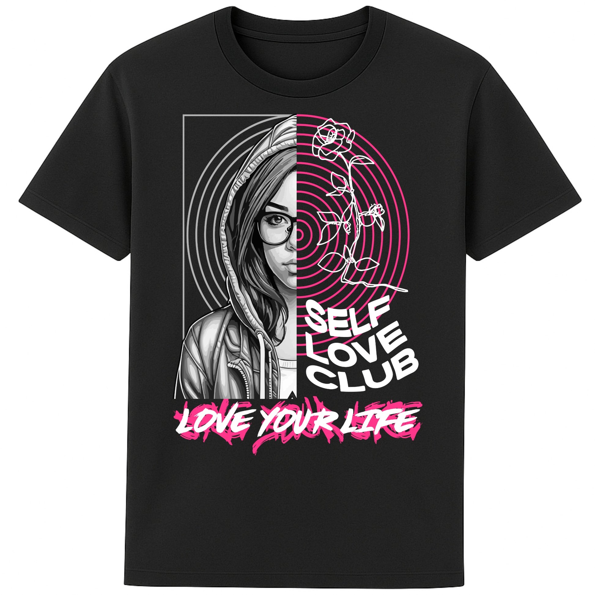 Self Love Club Love Your Life motivational graphic T-shirt featuring a modern split-face portrait, pink roses, and inspirational self love artwork on a black unisex tee.