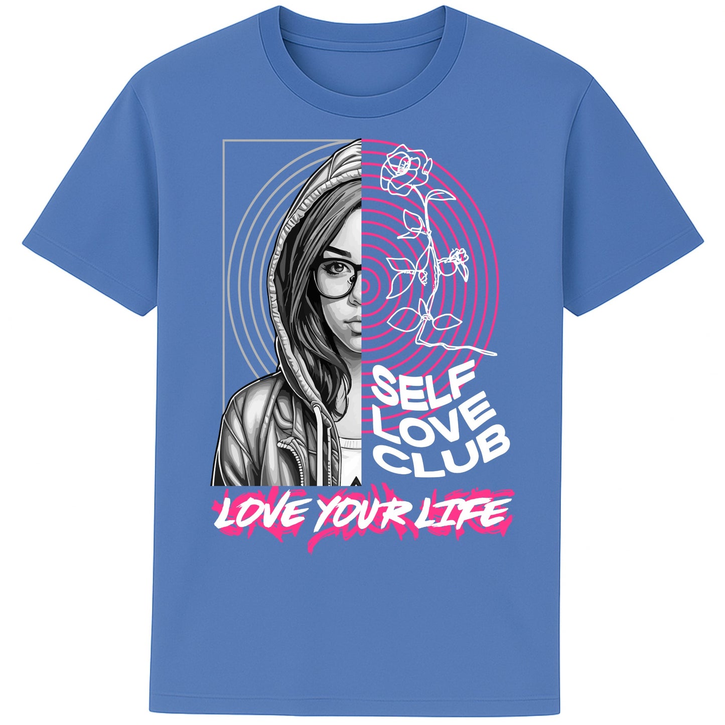 Self Love Club Love Your Life motivational graphic T-shirt featuring a modern split-face portrait, pink roses, and inspirational self love artwork on a bright blue unisex tee.