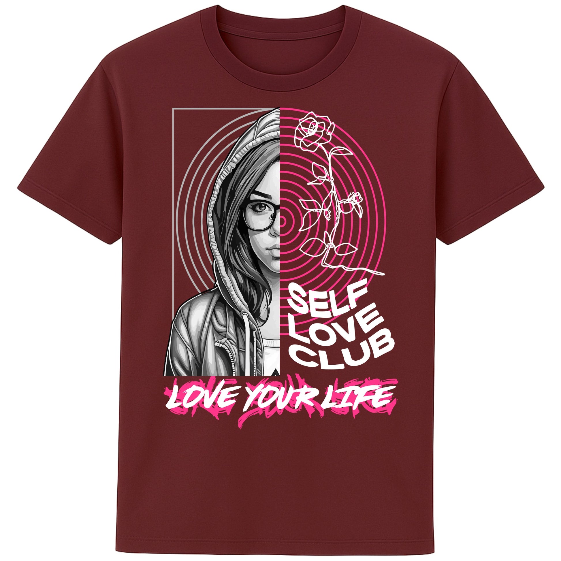 Self Love Club Love Your Life motivational graphic T-shirt featuring a modern split-face portrait, pink roses, and inspirational self love artwork on a burgundy unisex tee.