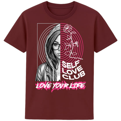 Self Love Club Love Your Life motivational graphic T-shirt featuring a modern split-face portrait, pink roses, and inspirational self love artwork on a burgundy unisex tee.