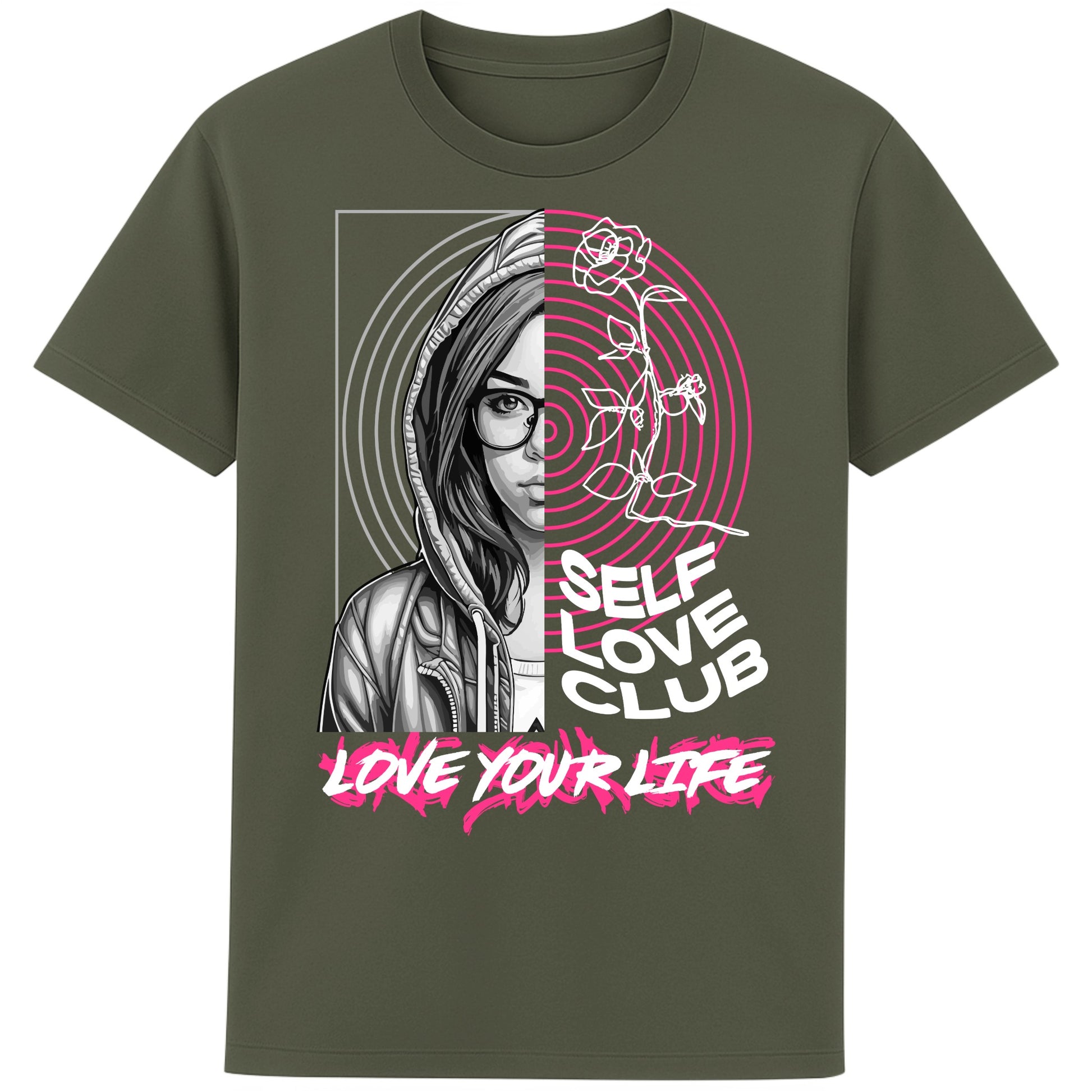 Self Love Club Love Your Life motivational graphic T-shirt featuring a modern split-face portrait, pink roses, and inspirational self love artwork on a khaki unisex tee.