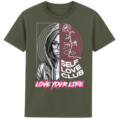 Self Love Club Love Your Life motivational graphic T-shirt featuring a modern split-face portrait, pink roses, and inspirational self love artwork on a khaki unisex tee.