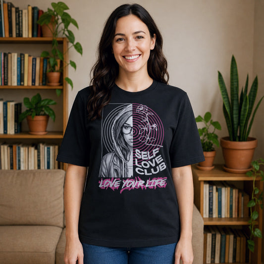 Woman wearing the Self Love Club Love Your Life motivational graphic T-shirt featuring a split-face portrait, pink roses, and inspirational self love artwork in a bright modern home.