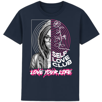 Self Love Club Love Your Life motivational graphic T-shirt featuring a modern split-face portrait, pink roses, and inspirational self love artwork on a navy unisex tee.