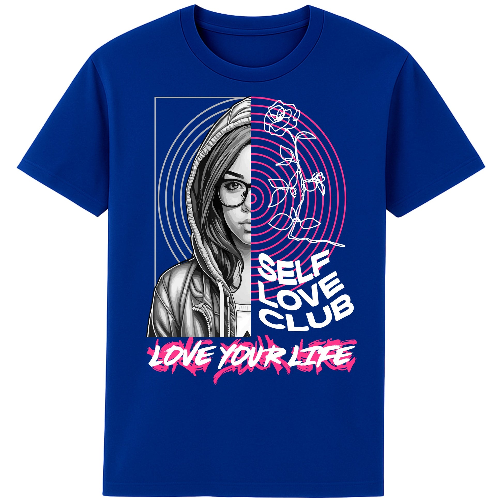 Self Love Club Love Your Life motivational graphic T-shirt featuring a modern split-face portrait, pink roses, and inspirational self love artwork on a worker blue unisex tee.