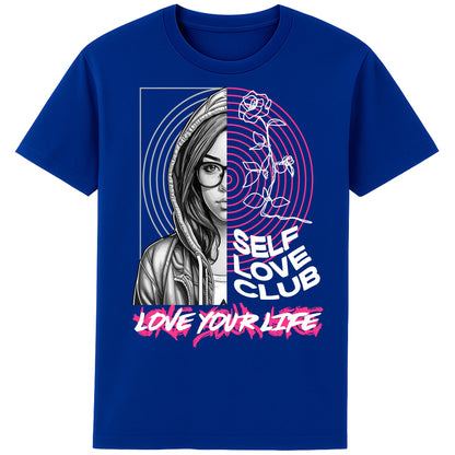 Self Love Club Love Your Life motivational graphic T-shirt featuring a modern split-face portrait, pink roses, and inspirational self love artwork on a worker blue unisex tee.