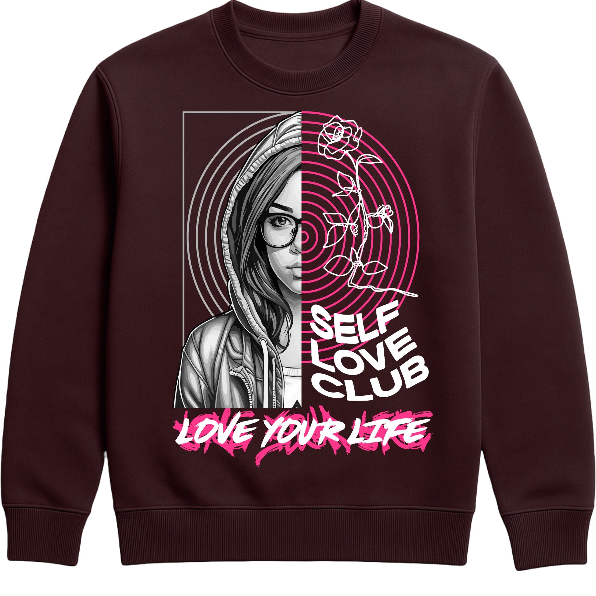 Hot chocolate colour Self Love Club Love Your Life sweatshirt featuring a split-face portrait, pink roses, and inspirational self love graphic with a motivational message.