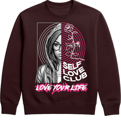 Hot chocolate colour Self Love Club Love Your Life sweatshirt featuring a split-face portrait, pink roses, and inspirational self love graphic with a motivational message.