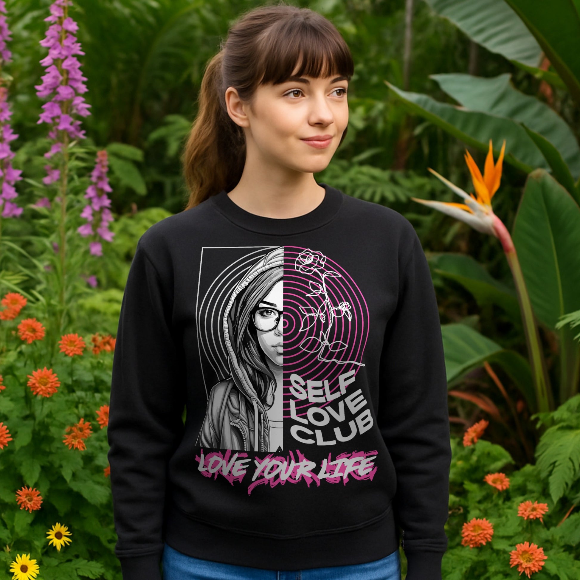 Woman wearing the Self Love Club Love Your Life self love sweatshirt featuring a split-face portrait, pink roses, and an inspirational graphic in a vibrant botanical garden.