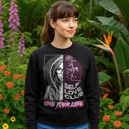 Woman wearing the Self Love Club Love Your Life self love sweatshirt featuring a split-face portrait, pink roses, and an inspirational graphic in a vibrant botanical garden.