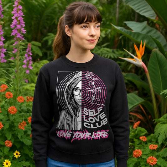 Woman wearing the Self Love Club Love Your Life self love sweatshirt featuring a split-face portrait, pink roses, and an inspirational graphic in a vibrant botanical garden.