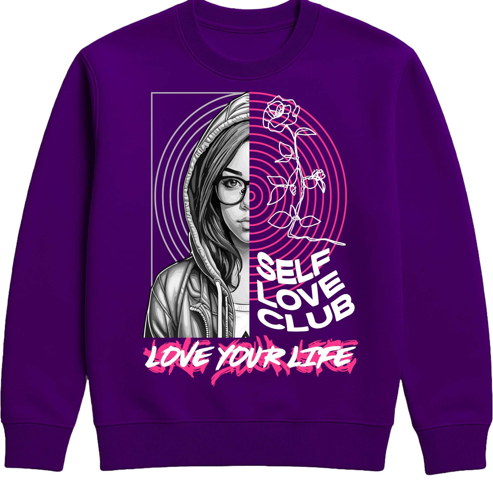 Purple Self Love Club Love Your Life sweatshirt featuring a split-face portrait, pink roses, and inspirational self love graphic with a motivational message.