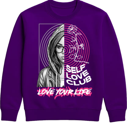 Purple Self Love Club Love Your Life sweatshirt featuring a split-face portrait, pink roses, and inspirational self love graphic with a motivational message.