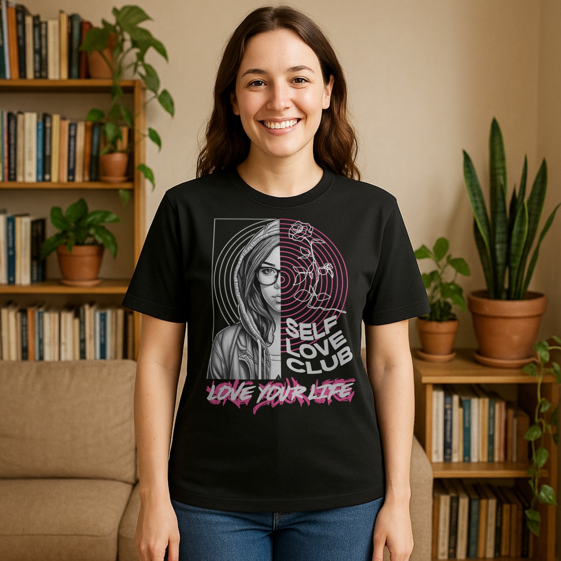 Person wearing a black t-shirt with a graphic design and text with eye-catching design and empowering “Love Your Life” message, styled for modern streetwear fashion