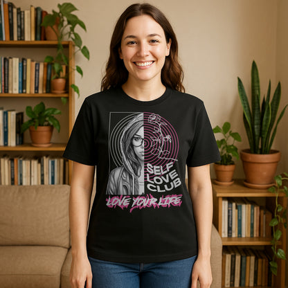 Person wearing a black t-shirt with a graphic design and text with eye-catching design and empowering “Love Your Life” message, styled for modern streetwear fashion