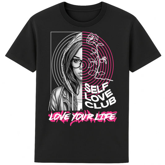 Black positive vibes graphic tee with eye-catching design and empowering “Love Your Life” message, styled for modern streetwear fashion.