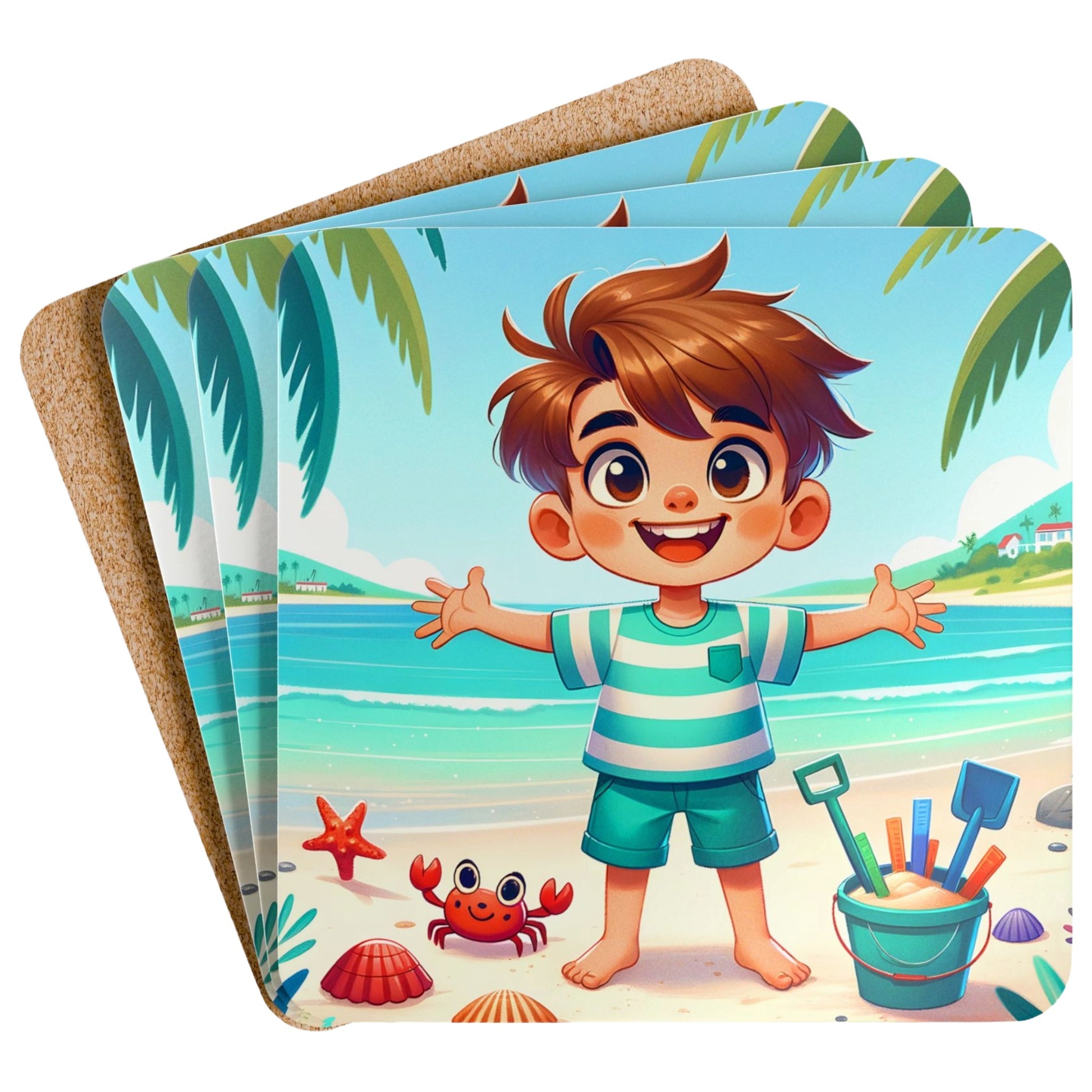 A set of four Summer Beach Boy Coasters featuring a cheerful cartoon beach boy with palm trees, seashells and a smiling crab on cork backed drink coasters for beach house decor and coastal home decor.