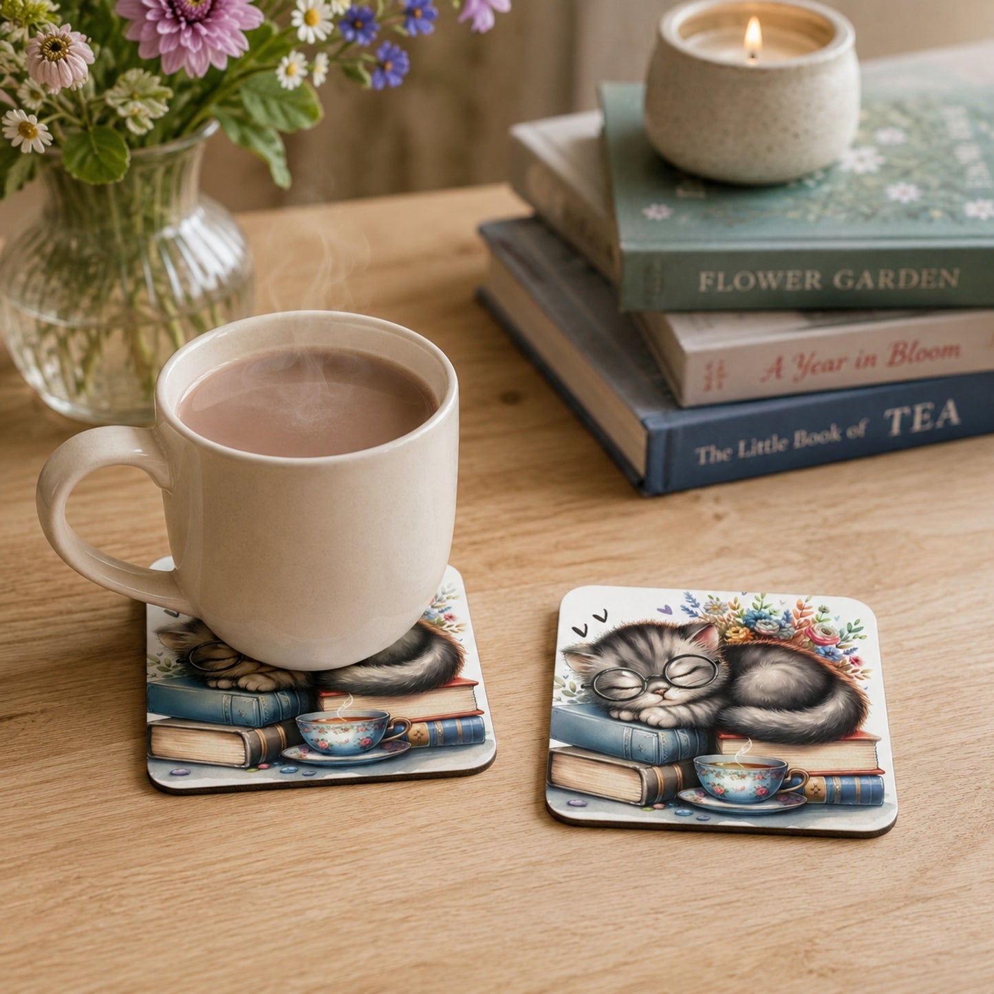 Lifestyle mockup of a cork-backed coaster featuring a sleepy kitten wearing glasses curled up on a stack of books beside a teacup, shown in use beneath a steaming coffee mug on a wooden table with flowers, books, and a lit candle in the background.