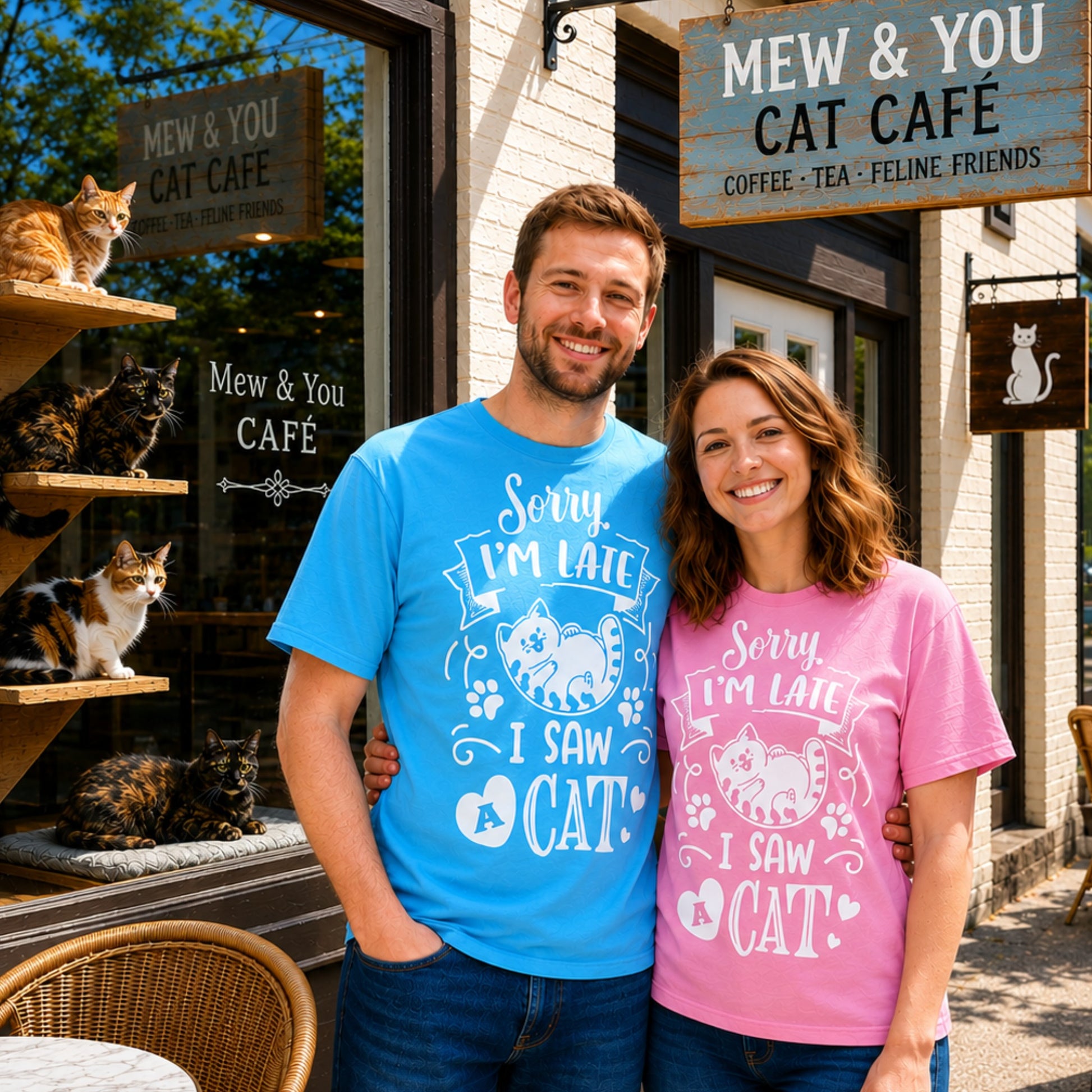 Man and woman wearing matching "Sorry I'm Late, I Saw A Cat" cat lover T-shirts outside a cat café with several cats visible in the window.