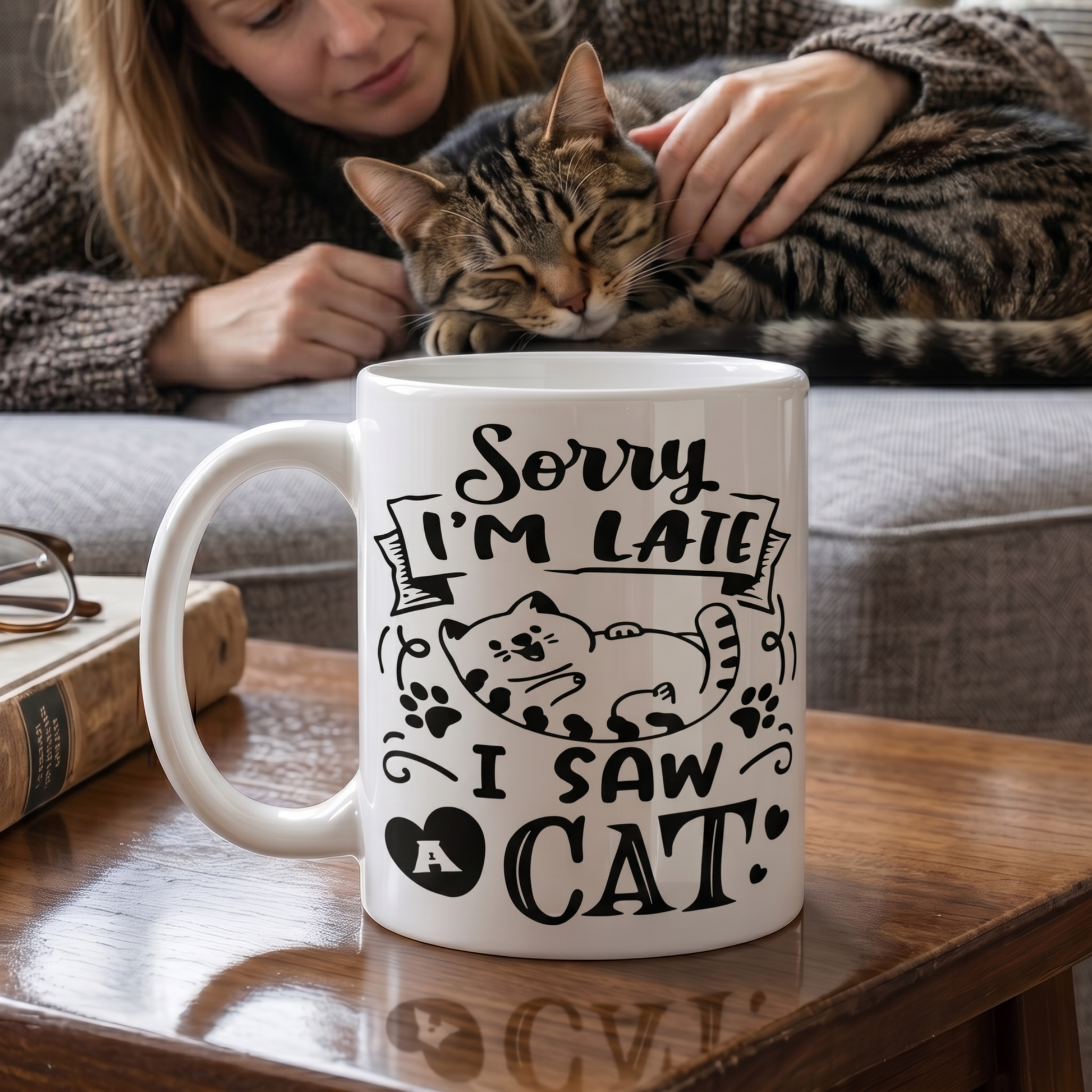 White coffee mug featuring the phrase "Sorry I'm Late, I Saw A Cat" on a wooden table while a woman cuddles a sleeping tabby cat in the background.