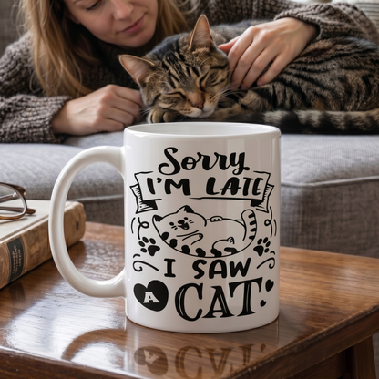White coffee mug featuring the phrase "Sorry I'm Late, I Saw A Cat" on a wooden table while a woman cuddles a sleeping tabby cat in the background.