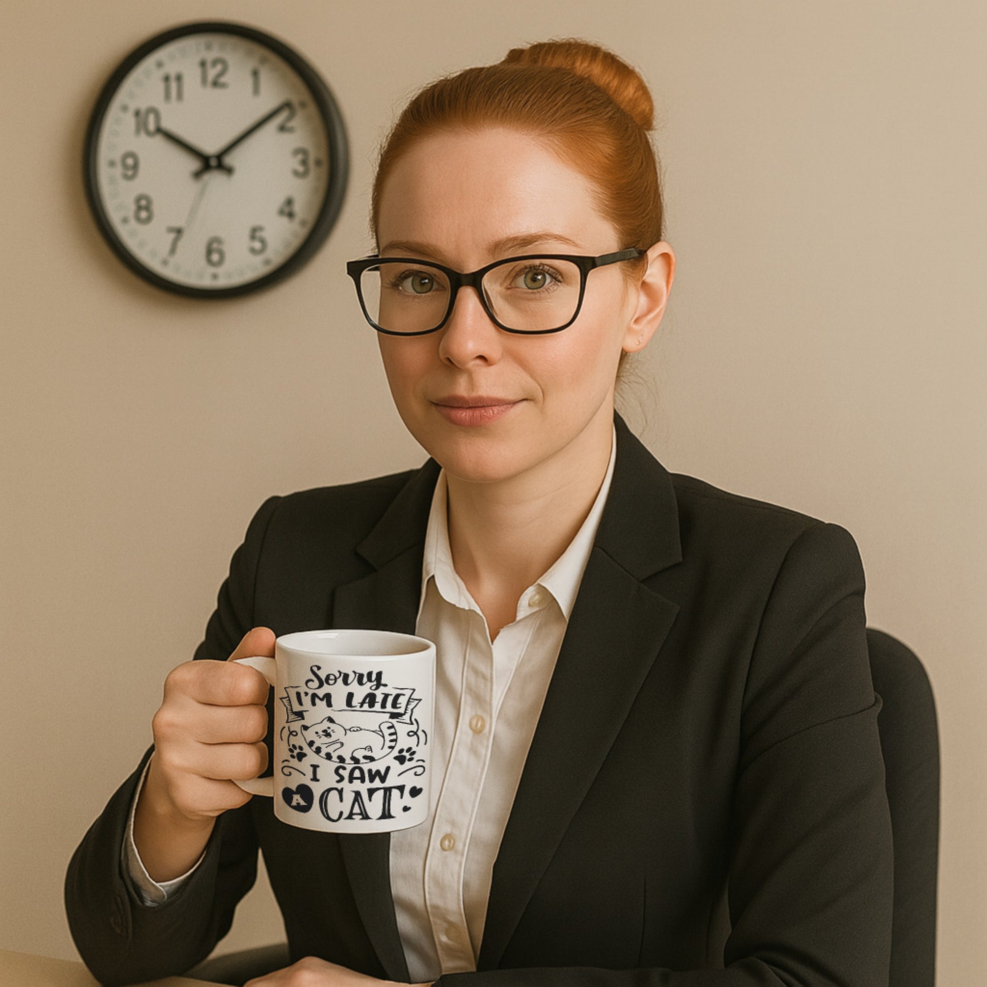 A woman at work holding a mug that says sorry I'm late i saw a cat 