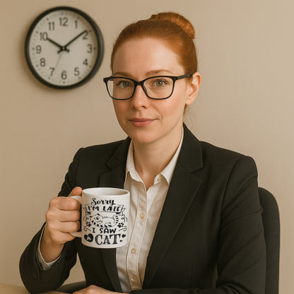 A woman at work holding a mug that says sorry I'm late i saw a cat 