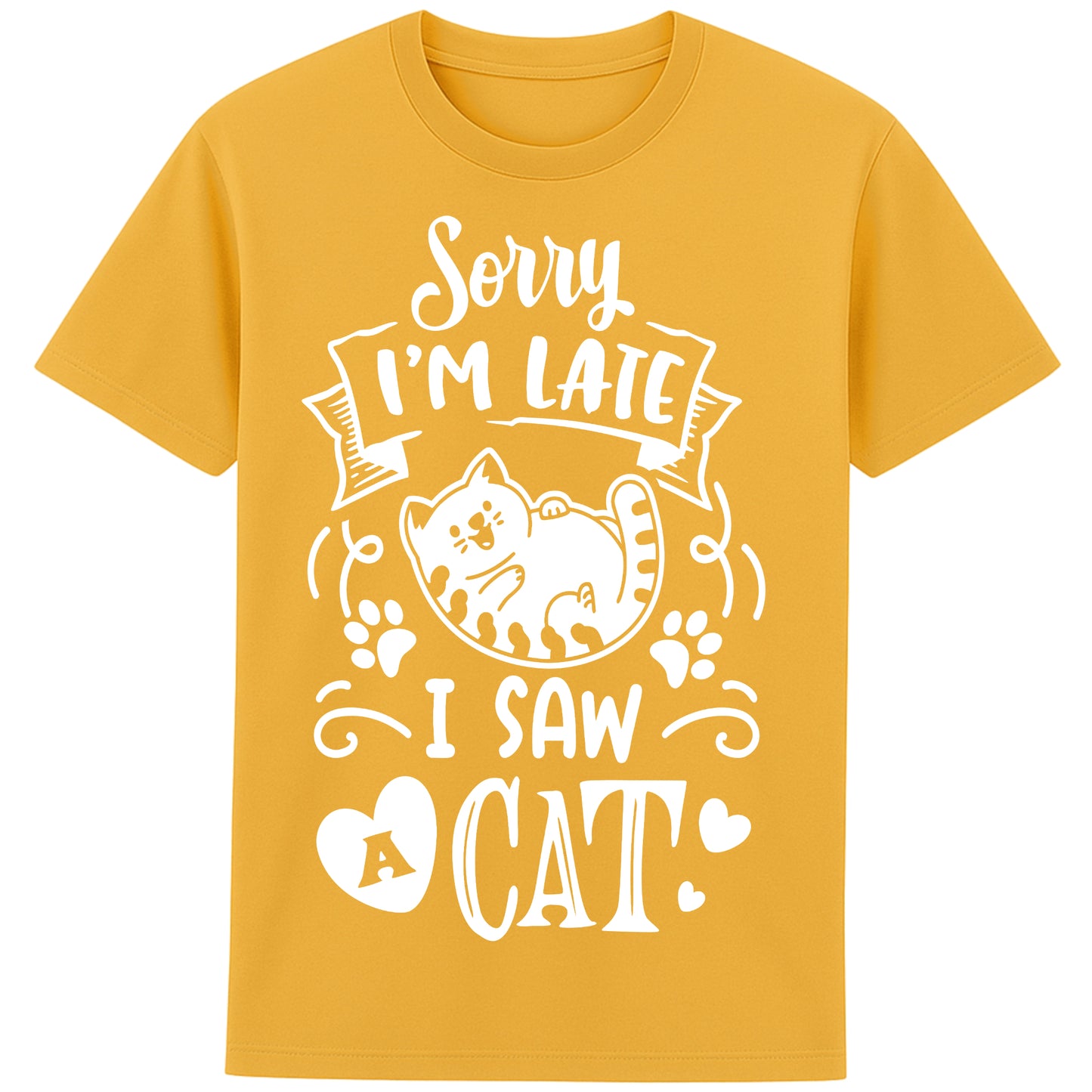 Funny cat lover T-shirt in yellow featuring a cartoon cat, paw prints, hearts, and the phrase "Sorry I'm Late, I Saw A Cat".