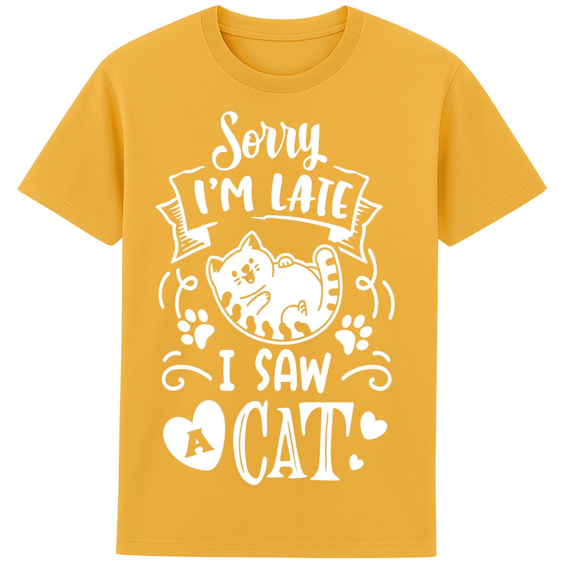 Funny cat lover T-shirt in yellow featuring a cartoon cat, paw prints, hearts, and the phrase "Sorry I'm Late, I Saw A Cat".