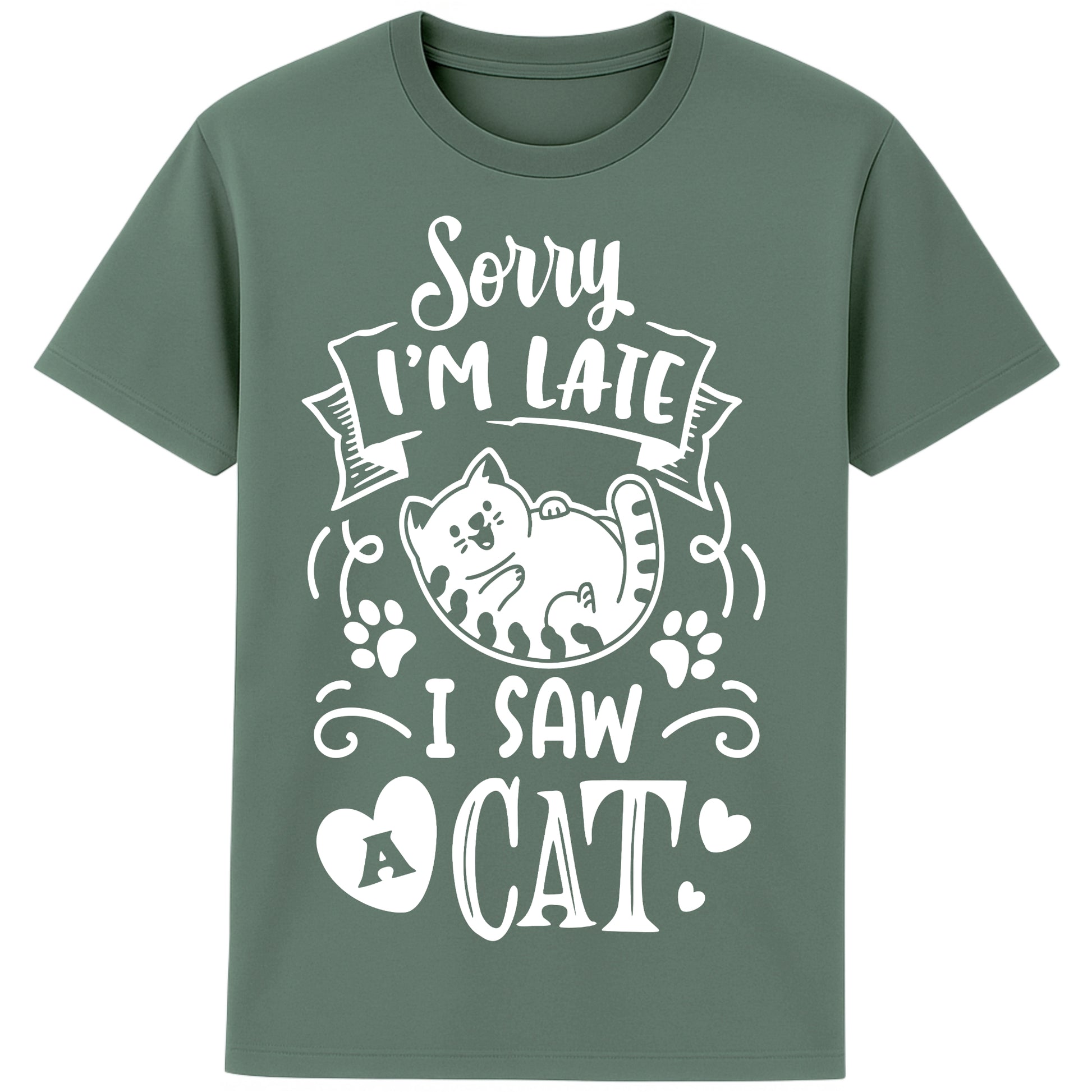 A playful green bay colour T-Shirt with white text and a charming design on the front. It reads: "Sorry I'm late I saw a cat" accompanied by a cartoon cat illustration, paw prints, and whimsical accents. Perfect for cat lovers and those who embrace their feline-induced tardiness with humor.