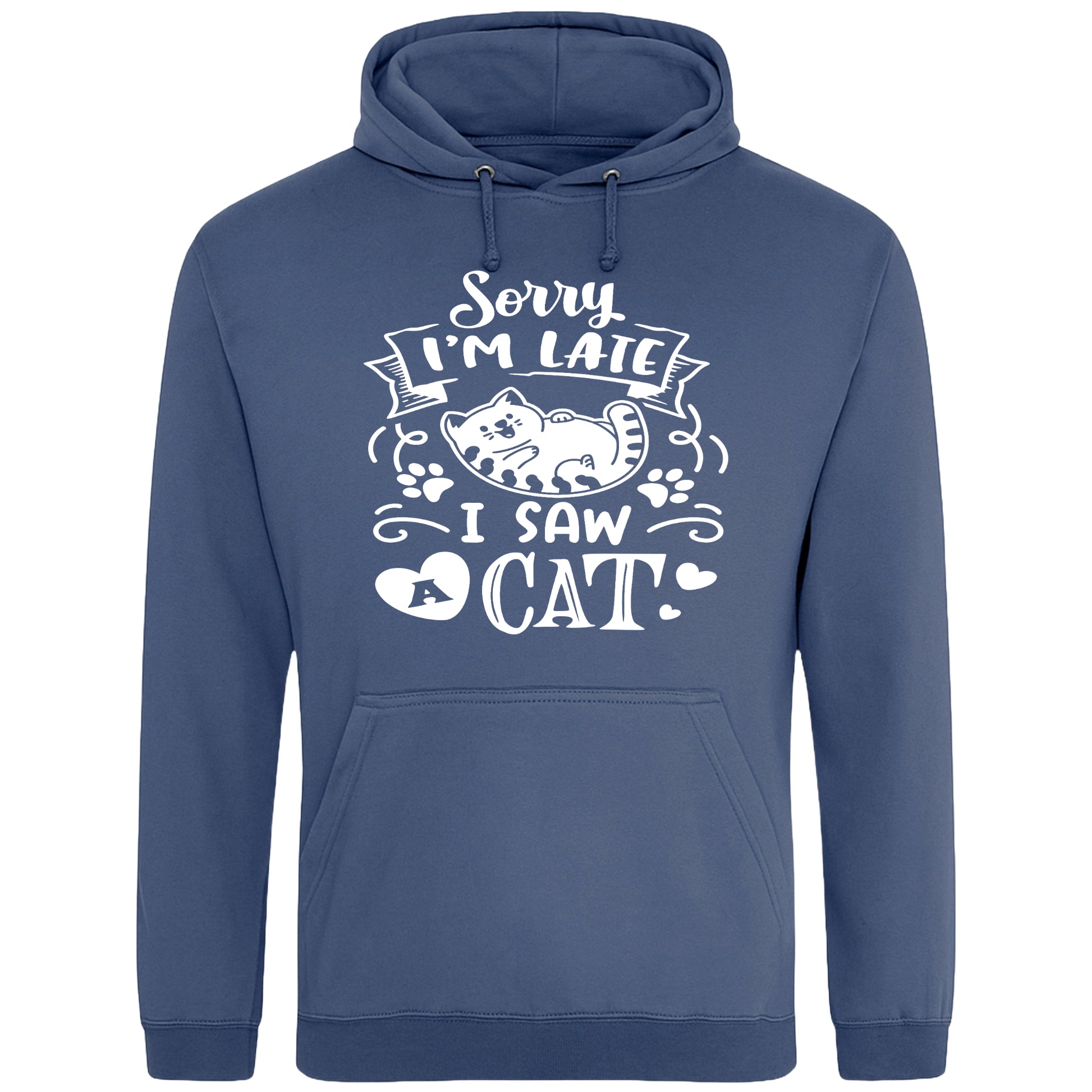 A playful airforce blue hoodie with white text and a charming design on the front. It reads: "Sorry I'm late I saw a cat" accompanied by a cartoon cat illustration, paw prints, and whimsical accents. Perfect for cat lovers and those who embrace their feline-induced tardiness with humor.