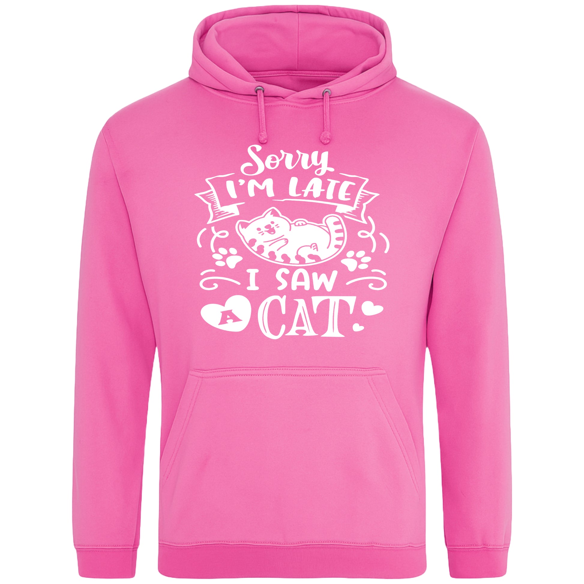 A playful candyfloss pink hoodie with white text and a charming design on the front. It reads: "Sorry I'm late I saw a cat" accompanied by a cartoon cat illustration, paw prints, and whimsical accents. Perfect for cat lovers and those who embrace their feline-induced tardiness with humor.
