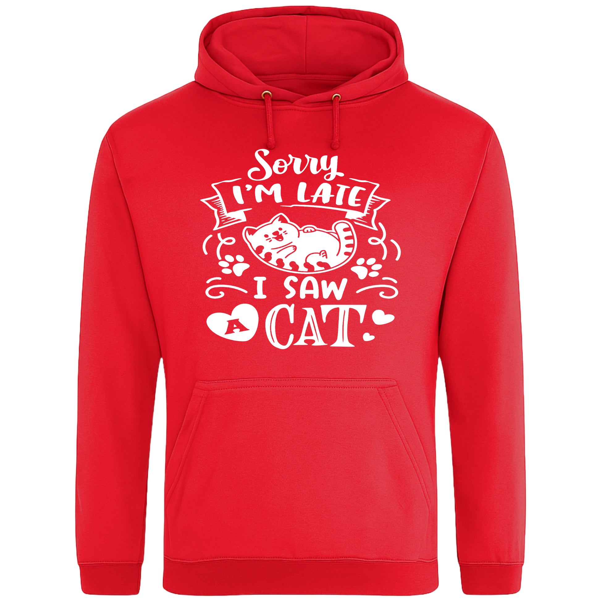 A playful red hoodie with white text and a charming design on the front. It reads: "Sorry I'm late I saw a cat" accompanied by a cartoon cat illustration, paw prints, and whimsical accents. Perfect for cat lovers and those who embrace their feline-induced tardiness with humor.