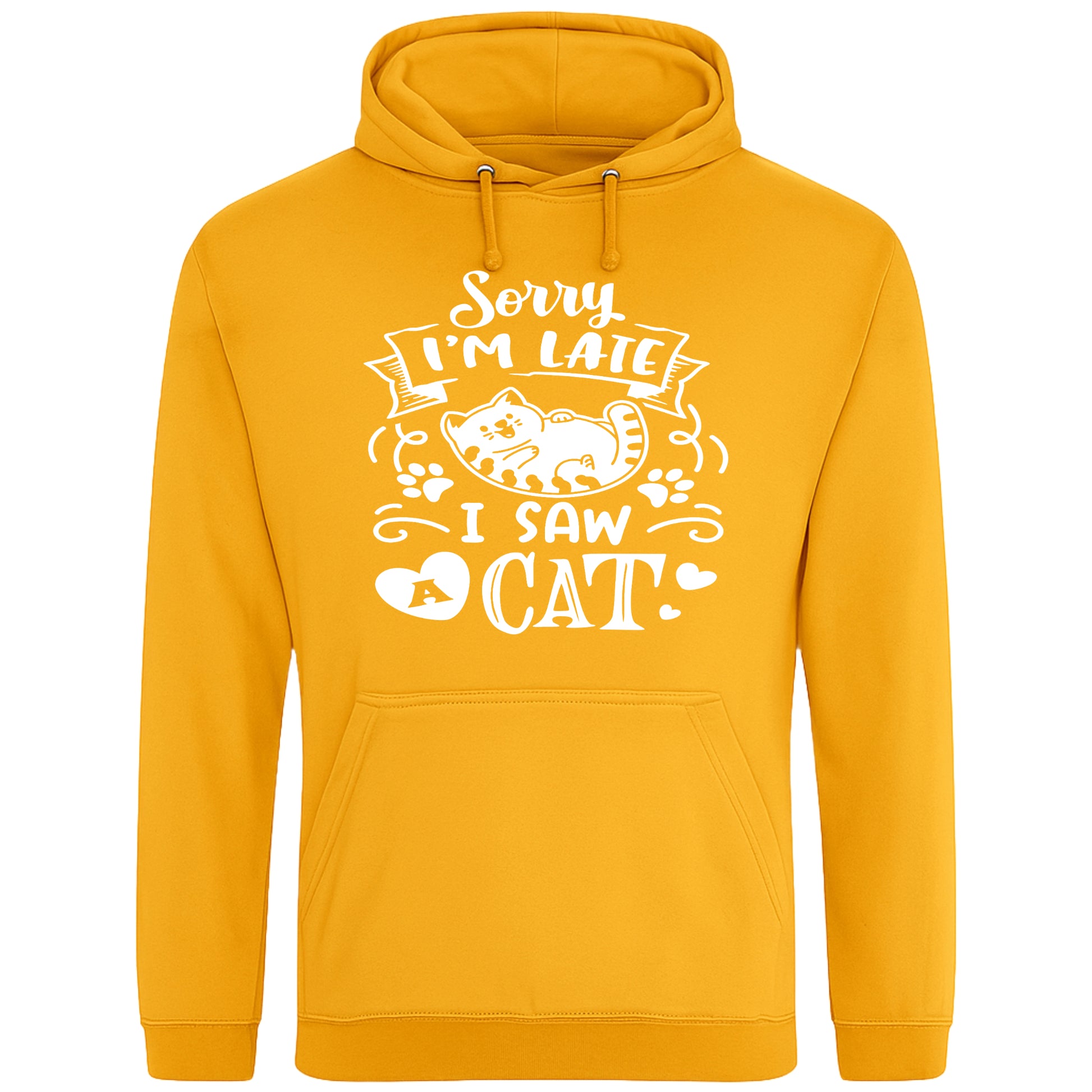 A playful gold colour hoodie with white text and a charming design on the front. It reads: "Sorry I'm late I saw a cat" accompanied by a cartoon cat illustration, paw prints, and whimsical accents. Perfect for cat lovers and those who embrace their feline-induced tardiness with humor.