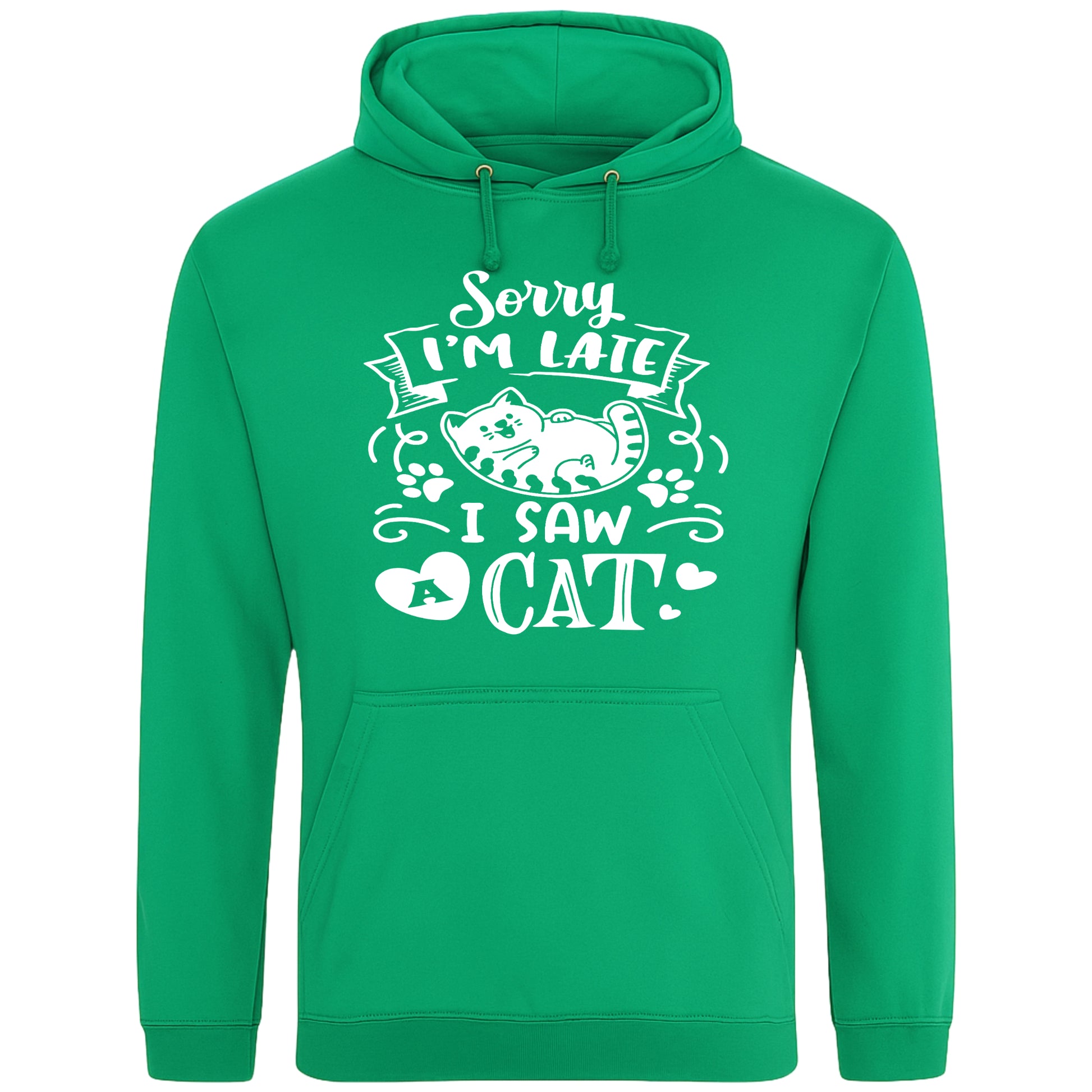 A playful kelly greene hoodie with white text and a charming design on the front. It reads: "Sorry I'm late I saw a cat" accompanied by a cartoon cat illustration, paw prints, and whimsical accents. Perfect for cat lovers and those who embrace their feline-induced tardiness with humor.