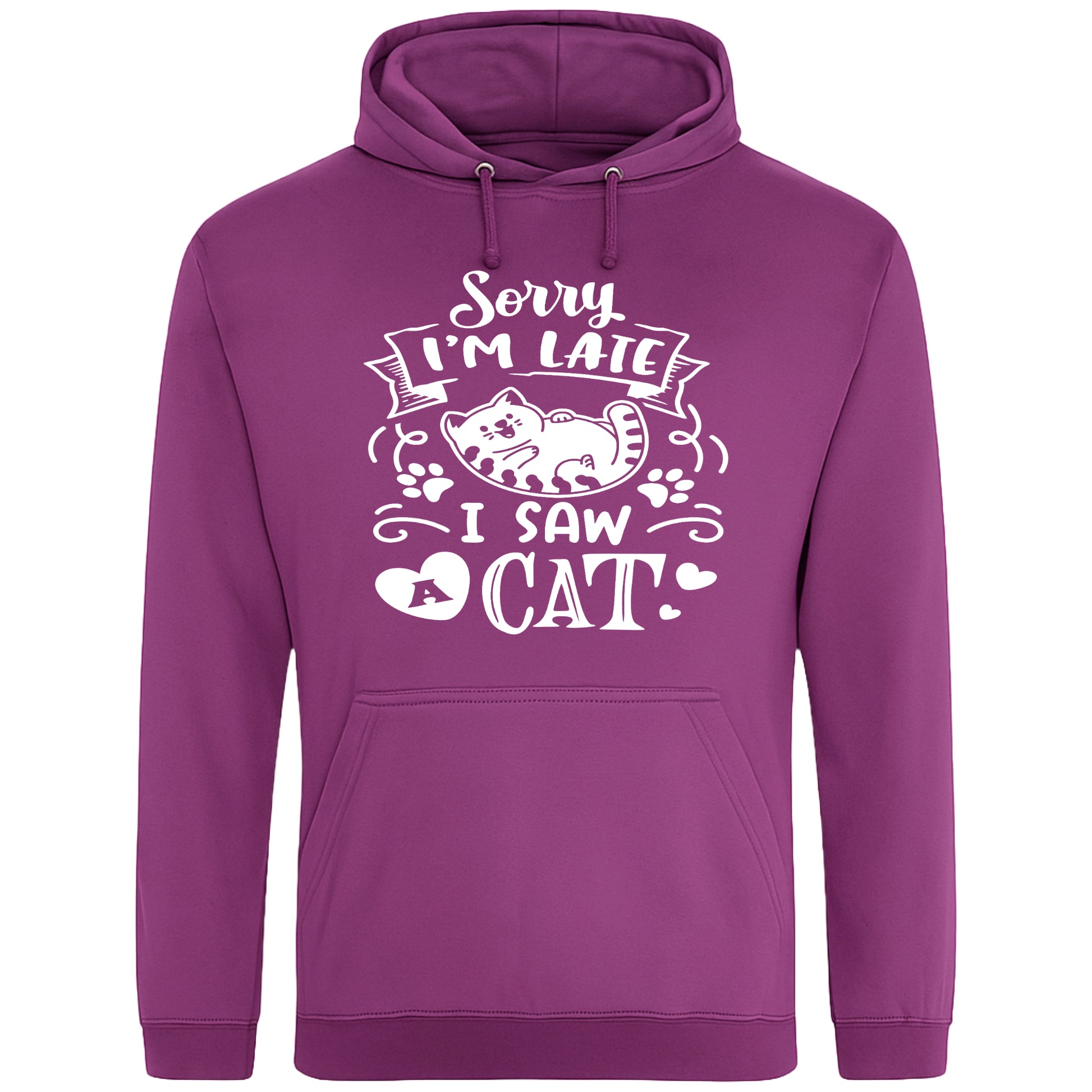 A playful plum colour hoodie with white text and a charming design on the front. It reads: "Sorry I'm late I saw a cat" accompanied by a cartoon cat illustration, paw prints, and whimsical accents. Perfect for cat lovers and those who embrace their feline-induced tardiness with humor.