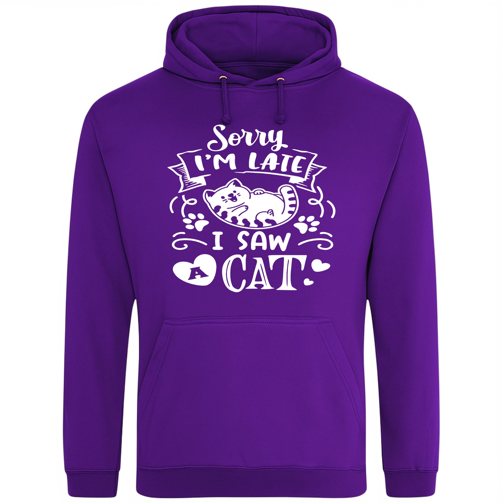 A playful purple hoodie with white text and a charming design on the front. It reads: "Sorry I'm late I saw a cat" accompanied by a cartoon cat illustration, paw prints, and whimsical accents. Perfect for cat lovers and those who embrace their feline-induced tardiness with humor.