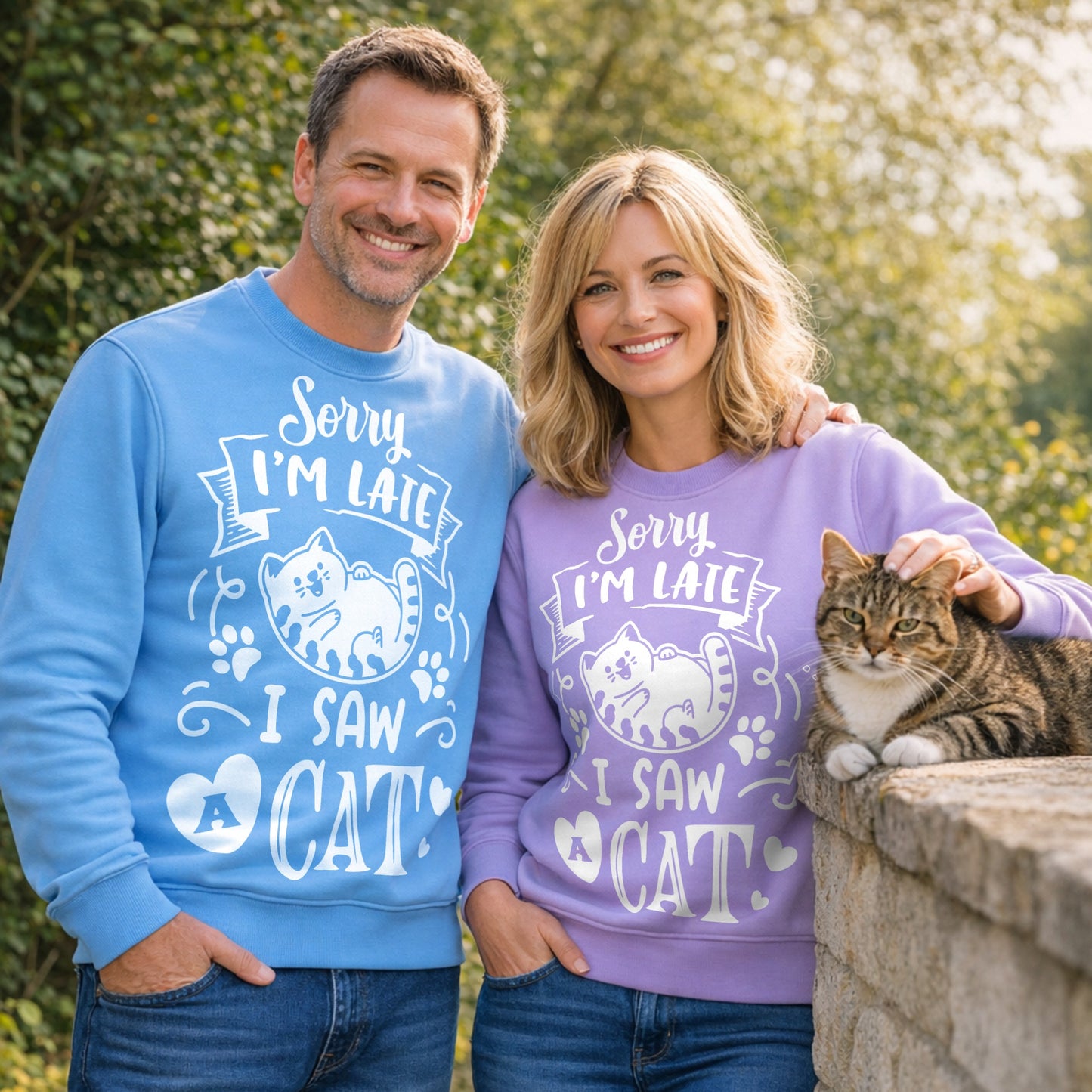 Two adults wearing matching blue and lavender "Sorry I'm Late, I Saw a Cat" sweatshirts stand beside a tabby cat outdoors, showcasing a funny cat lover sweatshirt perfect for cat owners and pet lovers.